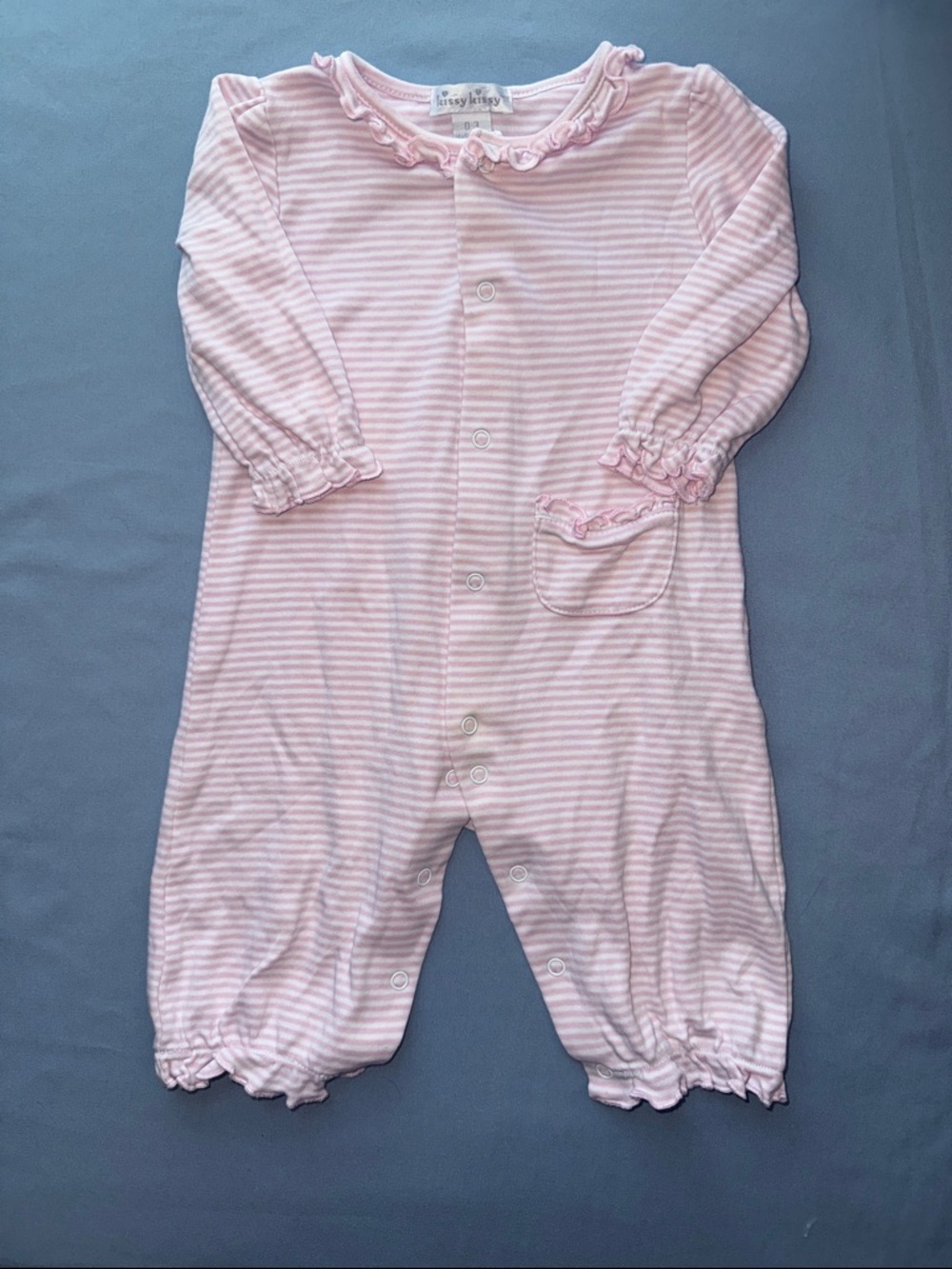 Kissy Kissy Pale Pink & White Striped Ruffle One-Piece Footie